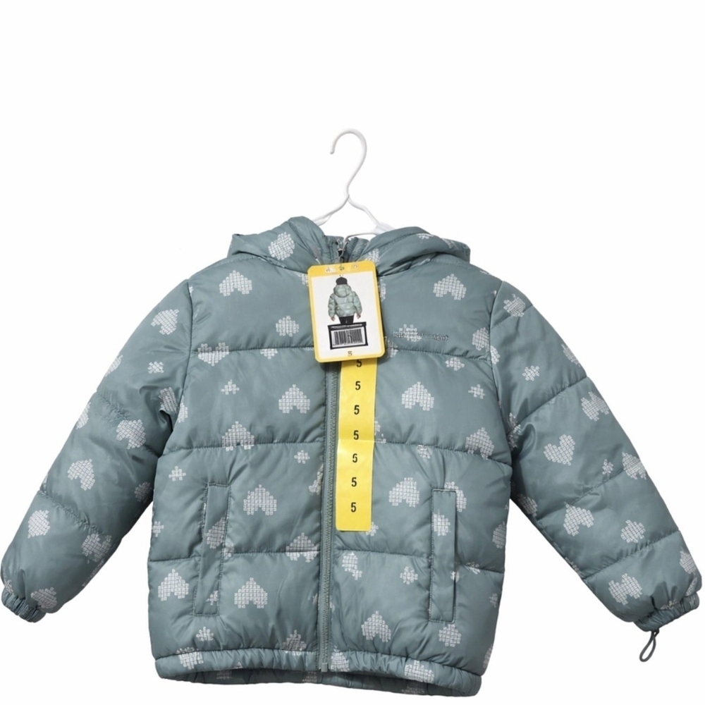 Kids Puffy Hooded Jacket in Sage Green with Heart Print